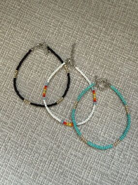 Beaded Anklet Trio - Black, White & Turquoise Color Set